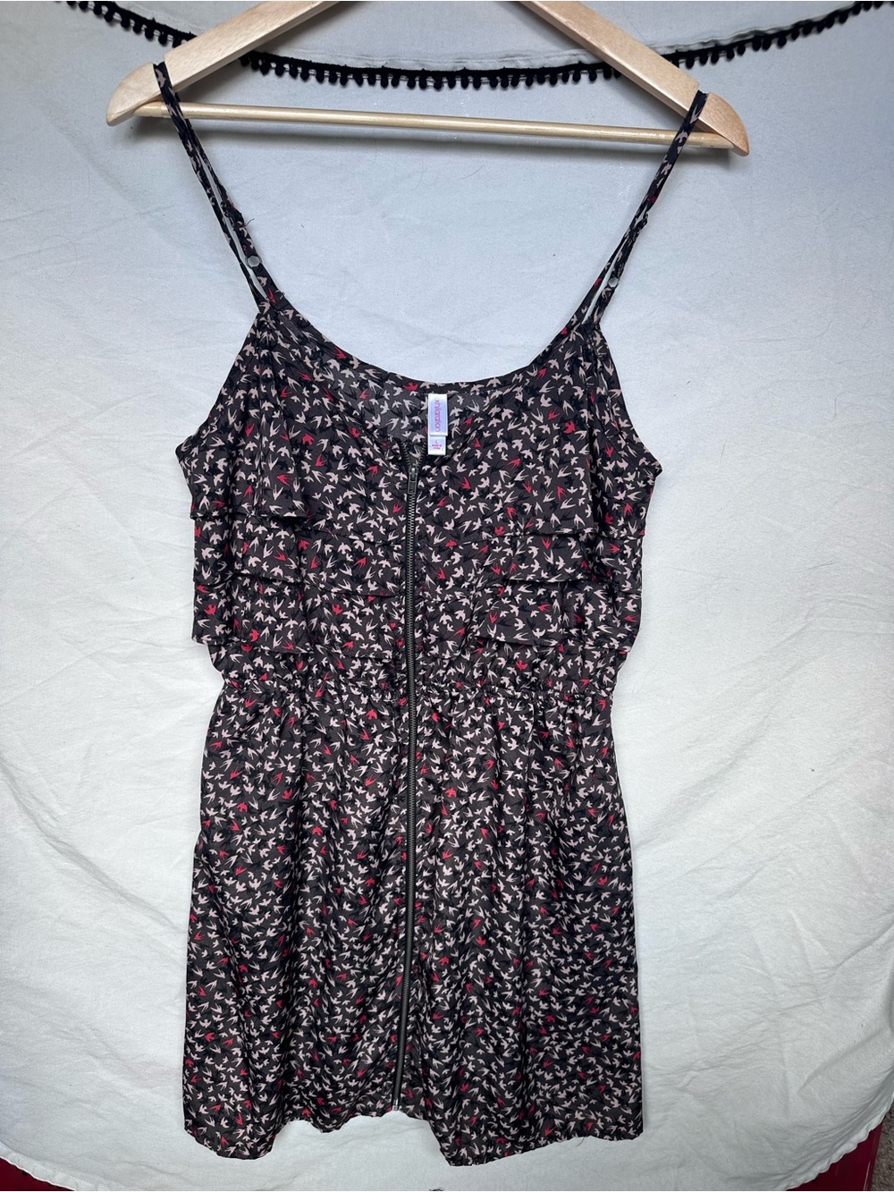 Xhilaration Black Floral Zip-Front Slip Dress with Pink Accents